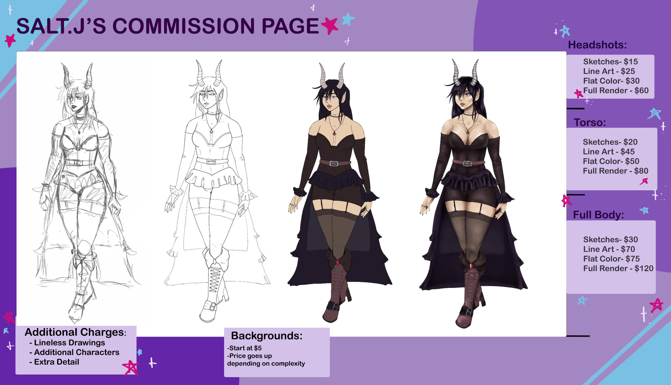 Commission Price Page for Digital drawings. Headshots: Sketches $15, Line Art $25, Flat Color $30, Full Render $60. Torso: Sketches $20, Line Art $45, Flat Color $50, Full Render $80. Full Body: Sketches $30, Line Art $70, Flat Color $75, Full Render $120